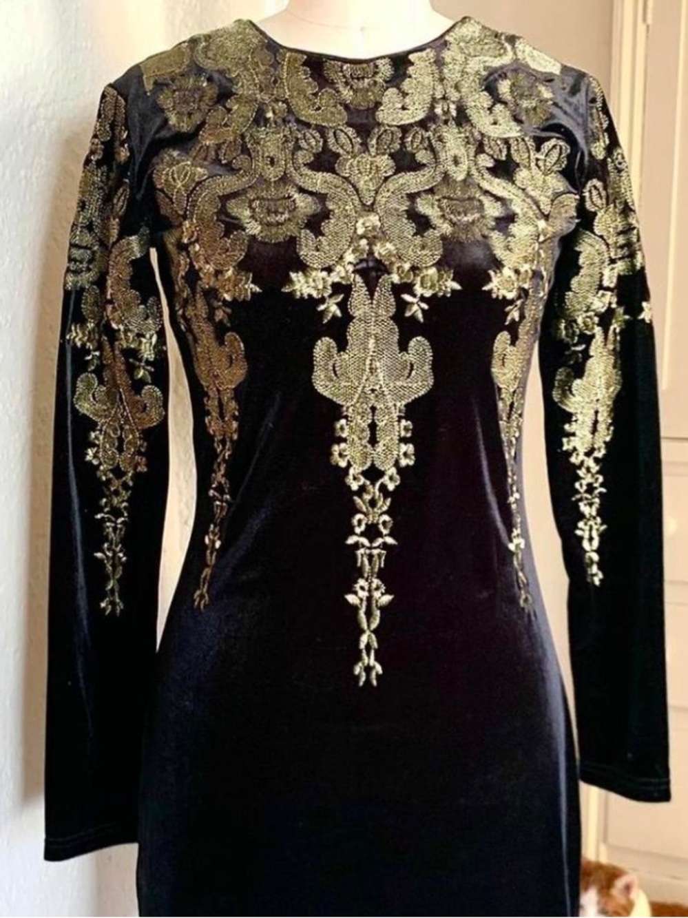 Press Dress Black Velvet Long-Sleeve Dress with Gold Embroidered Detail